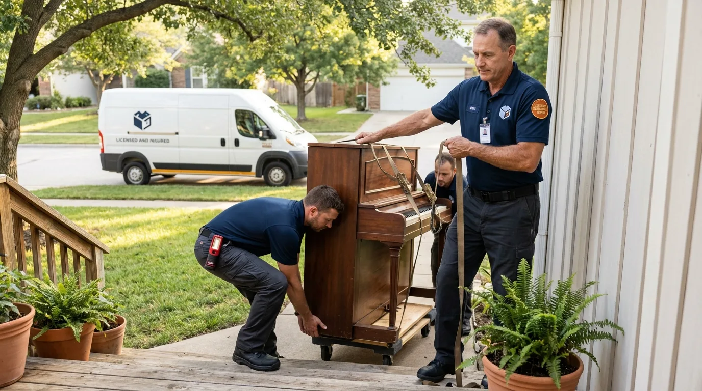 Licensed piano movers securing grand piano in Caro, MI