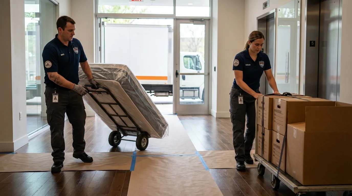 Professional apartment movers loading elevator in Caro, MI