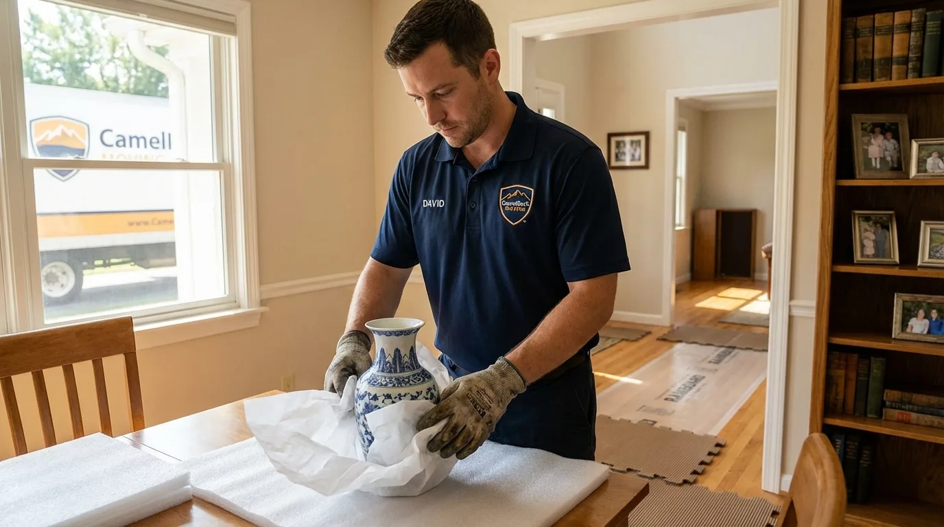 Professional crew carefully wrapping antique vase for senior downsizing move in Caro, MI