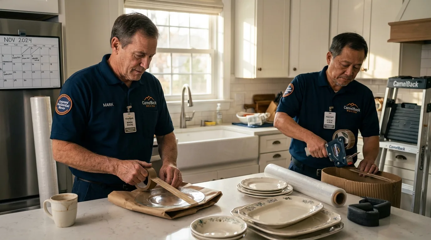 Professional crew packing kitchen dishware in Caro, MI